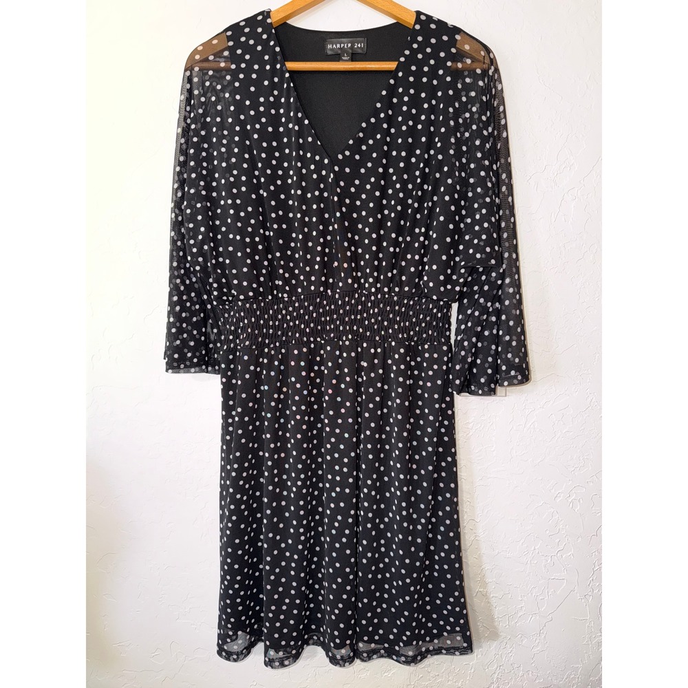Harper 241 Polka Dot V-Neck Smocked Waist Mesh Sleeve Dress Black White Size L